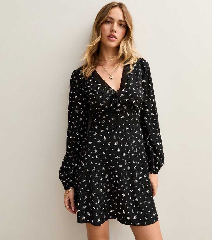 Black Floral Print Crepe Long Sleeve Mini Dress