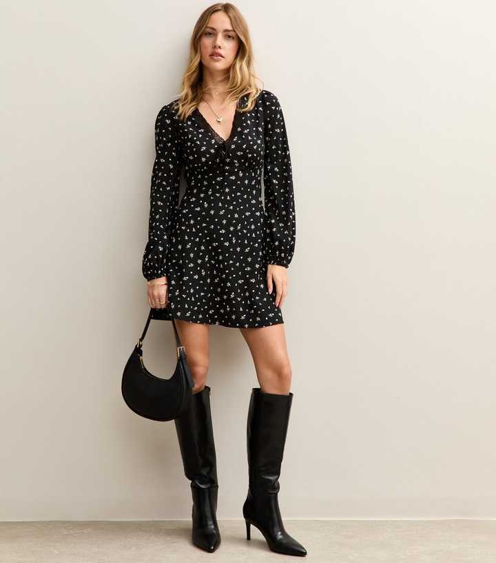 Black Floral Print Crepe Long Sleeve Mini Dress | New Look