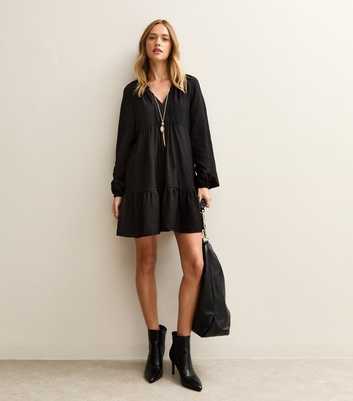 Black Long Sleeve Smock Mini Dress
