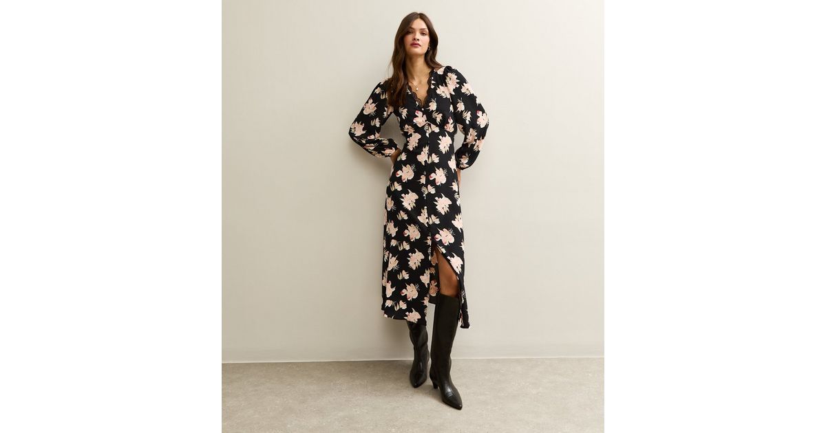 Tall Black Floral Lace Button Up Midi Dress | New Look