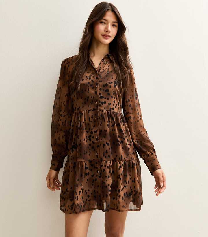 Brown Leopard Print Tiered Chiffon Mini Dress