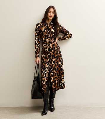 Brown Leopard Print Long Sleeve Shirt Dress