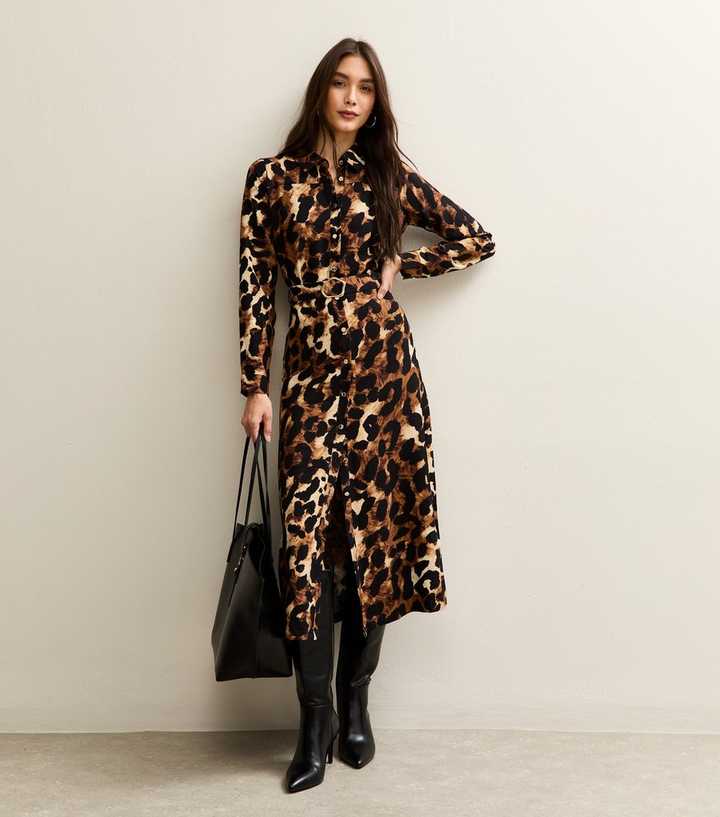 Brown Leopard Print Long Sleeve Shirt Dress