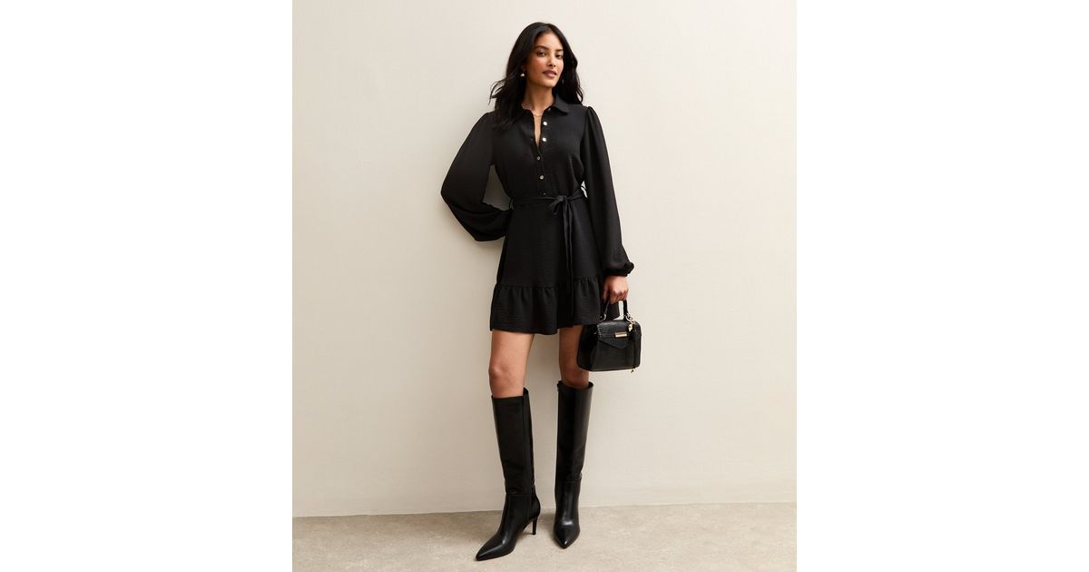 Black Belted Long Sleeve Mini Dress | New Look