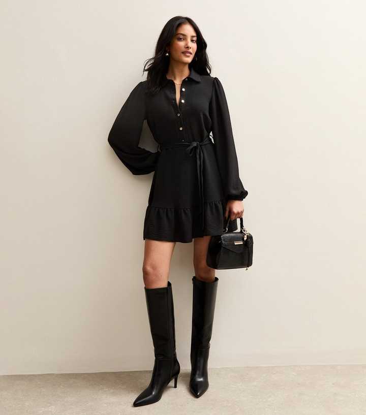 Black Belted Long Sleeve Mini Dress