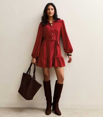 Red Belted Long Sleeve Mini Dress
