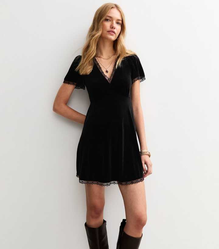 Black Velvet Lace Trimmed Mini Tea Dress | New Look