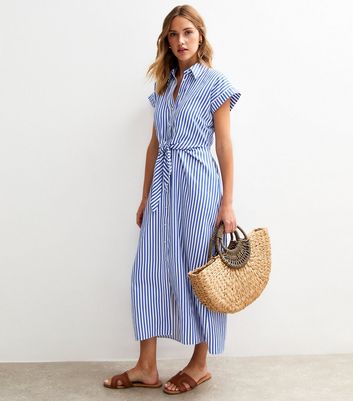 Blue Striped Tie Waist Midi Shirt Dress