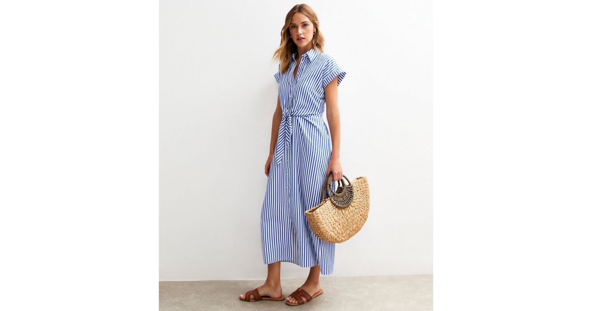 Blue Striped Tie Waist Midi Shirt Dress New Look