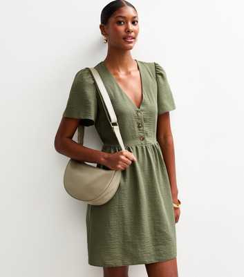 Dark Khaki  Flutter Sleeve V-Neck Mini Dress