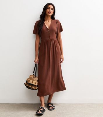 Brown Flutter Sleeve Button Up Midi Dress | New Look