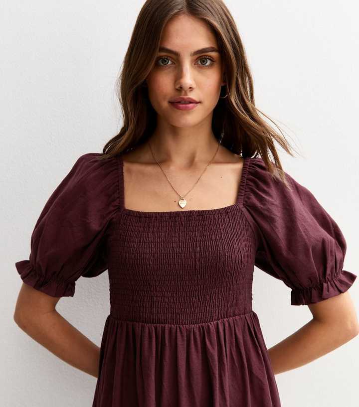 Burgundy Puff Sleeve Milkmaid Midi Dress Burgundy Puff Sleeve Milkmaid Midi Dress