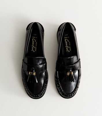 Wide Fit Black Faux Leather Gold Tassel Loafers