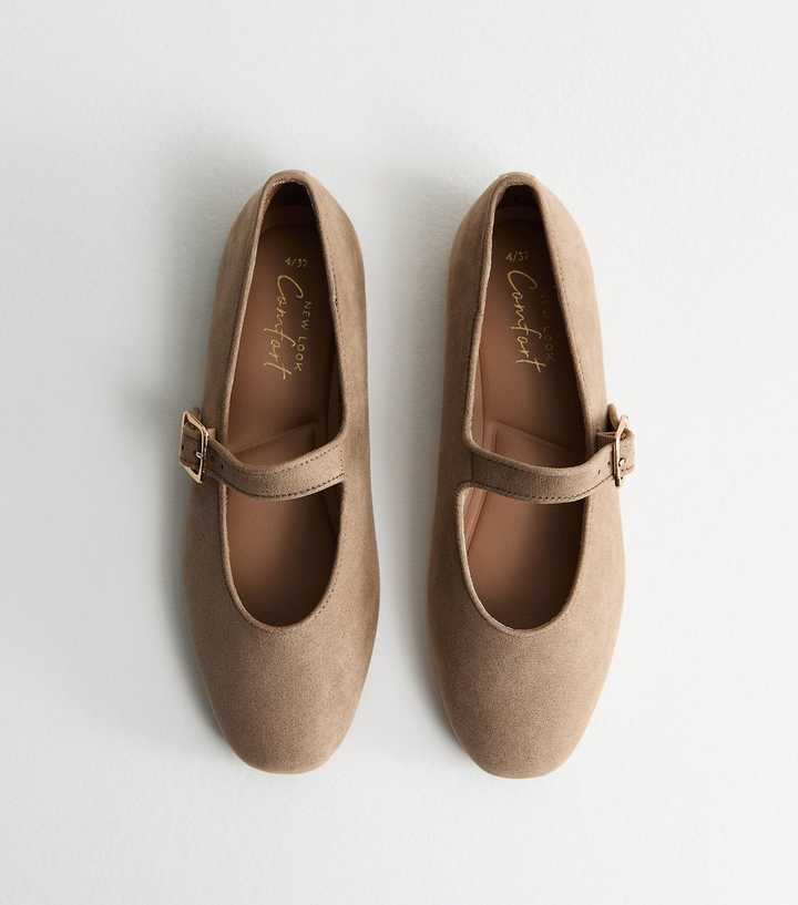 Light Brown Faux Suede High Vamp Mary Jane Ballerina Flats