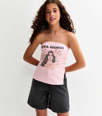 Girls Light Pink Olivia Rodrigo Print Ruched Bandeau Top