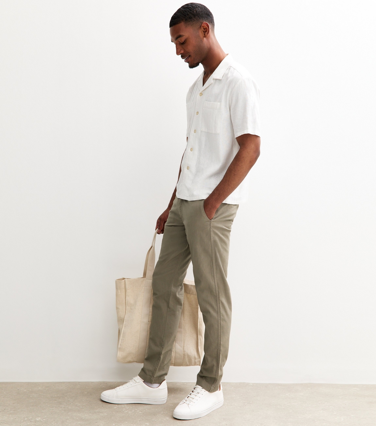 Men's Khaki Drawstring Waist Straight Leg Trousers Jack & Jones New Look