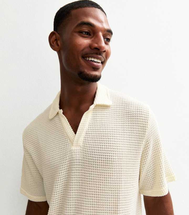Jack & Jones Cream Open Knit Resort Polo Shirt
