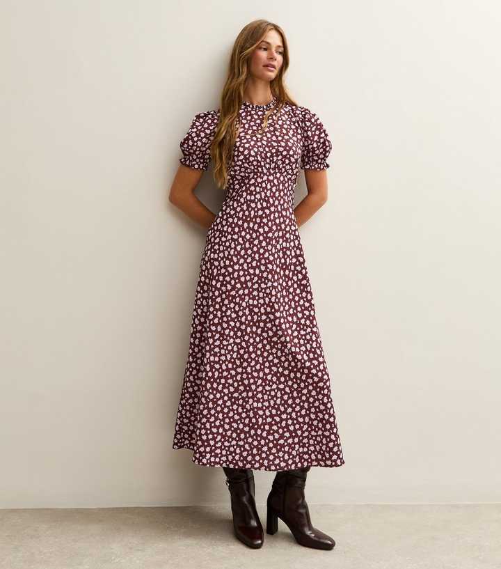 Purple Crepe Floral Print Midi Dress