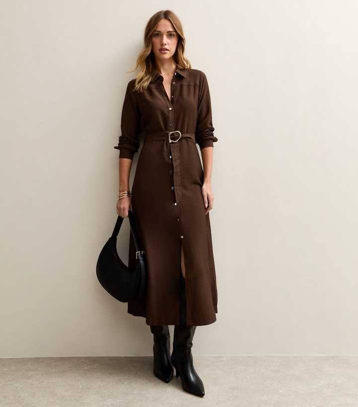 Brown Button Up Belted Midi Shirt Dress | New Look Brown Button Up Belted Midi Shirt Dress | New Look
