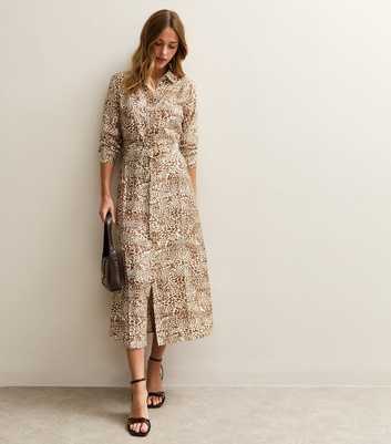 Brown Animal Print Belted Midi Shirt Dress