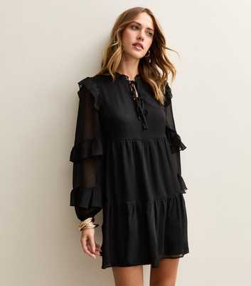 Black Ruffle Trimmed Tie Neck Chiffon Mini Dress