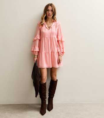 Pink Ruffle Trimmed Tie Neck Chiffon Mini Dress