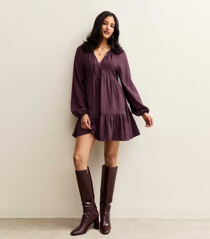 Dark Purple Tie Neck Tiered Mini Dress