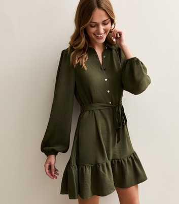 Khaki Tiered Hem Belted Mini Shirt Dress