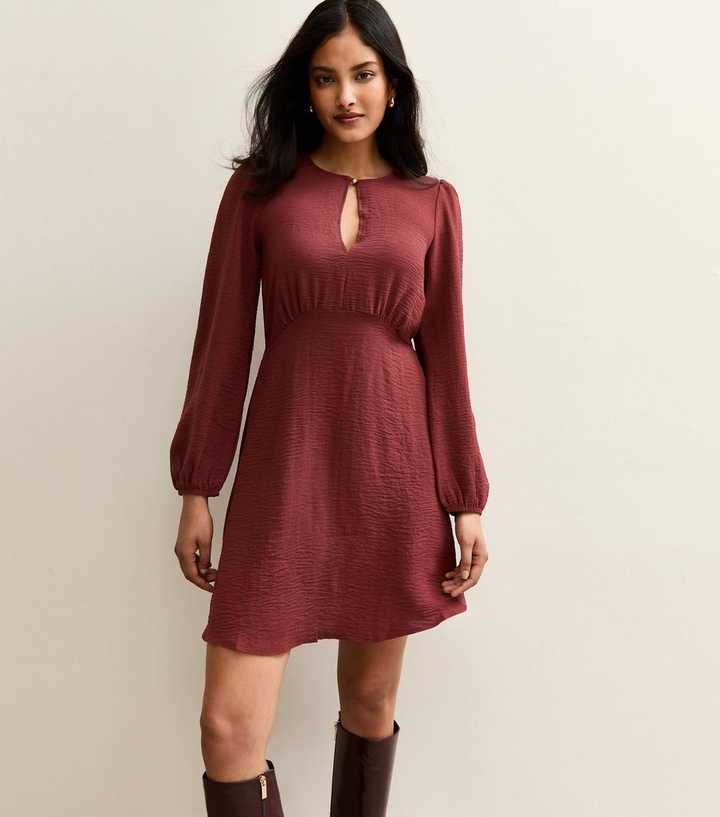 Burgundy Keyhole Neck Long Sleeve Mini Dress | New Look Burgundy Keyhole Neck Long Sleeve Mini Dress | New Look