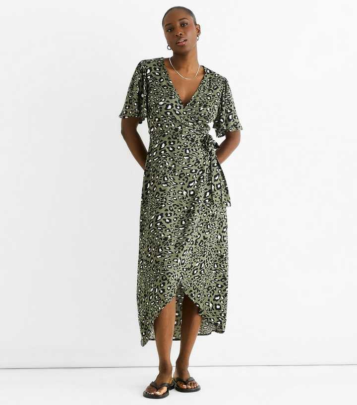 new look green animal print dress Gini London Olive Wrap Front Midi 24boucle