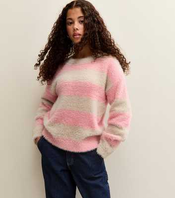 Girls Pink and Cream Fluffy Striped Jumper