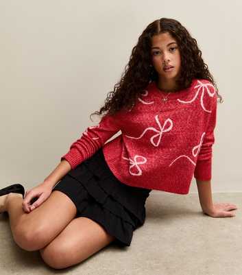 Girls Red Patterened Bow Jumper