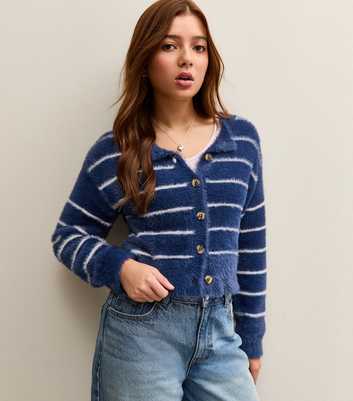 Girls Blue Fluffy Striped Cardigan