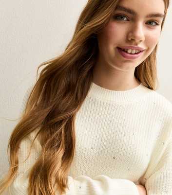 Girls Of White Diamante Embellished Jumper
