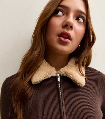 Girls Dark Brown Faux Fur Collar Cardigan