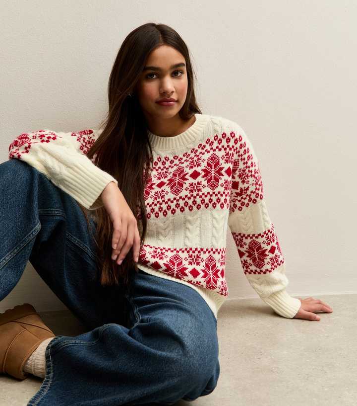 Girls Off White Christmas Cable Knit Fair Isle Pattern Jumper