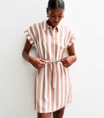 Brown Striped Tie Waist Mini Shirt Dress