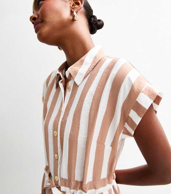 brown and white striped shirt dress Tie Waist Mini Size:3-4yrs Button front closure Jewel Tone Beaded Square Neck Gown