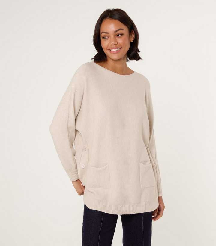 Blue Vanilla Cream Patch Pocket Slash Neck Jumper