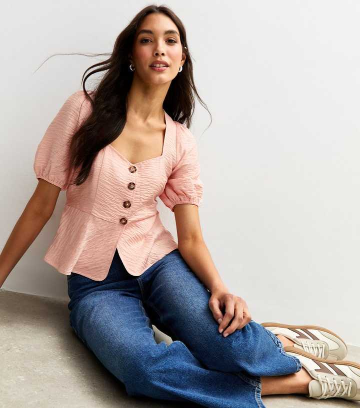 Pink Textured Button Up Peplum Top