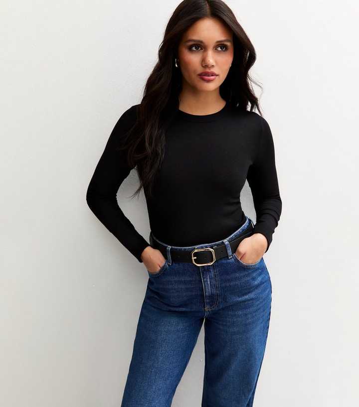 Black Long Sleeve Ribbed Crew Neck Top