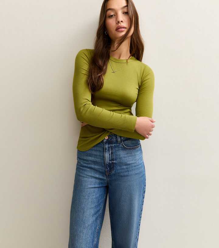 Light Khaki Long Sleeve Ribbed Crew Neck Top