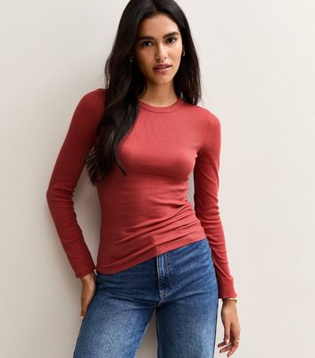 Sherosa Women's Long Sleeve Crew Neck T-Shirt | Basic Tee Top In Rust Red – Size X-Large, Soft Stretch Fabric - View #4