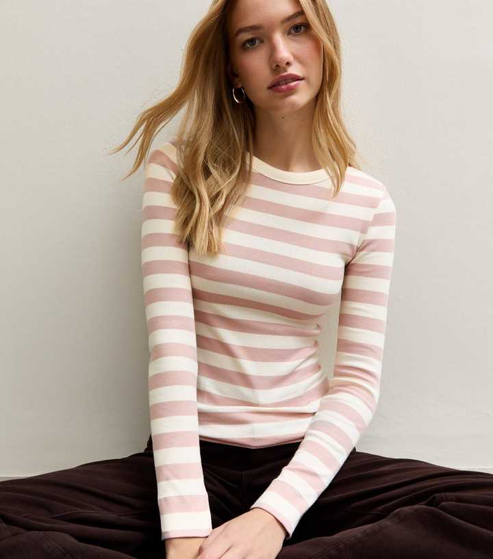 Cream Striped Long Sleeve Ribbed Crew Neck Top
