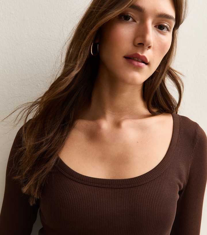 Brown Scoop Neck Long Sleeve Ribbed Top