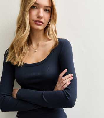 Navy Scoop Neck Long Sleeve Ribbed Top