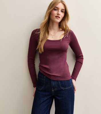 Purple Scoop Neck Long Sleeve Ribbed Top