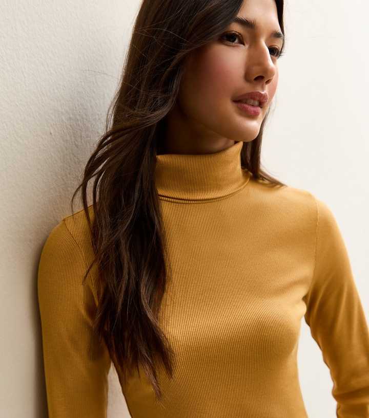 Dark Yellow Ribbed Long Sleeve Roll Neck Top