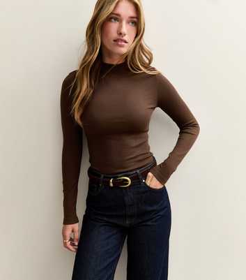 Dark Brown Long Sleeve Roll Neck Top