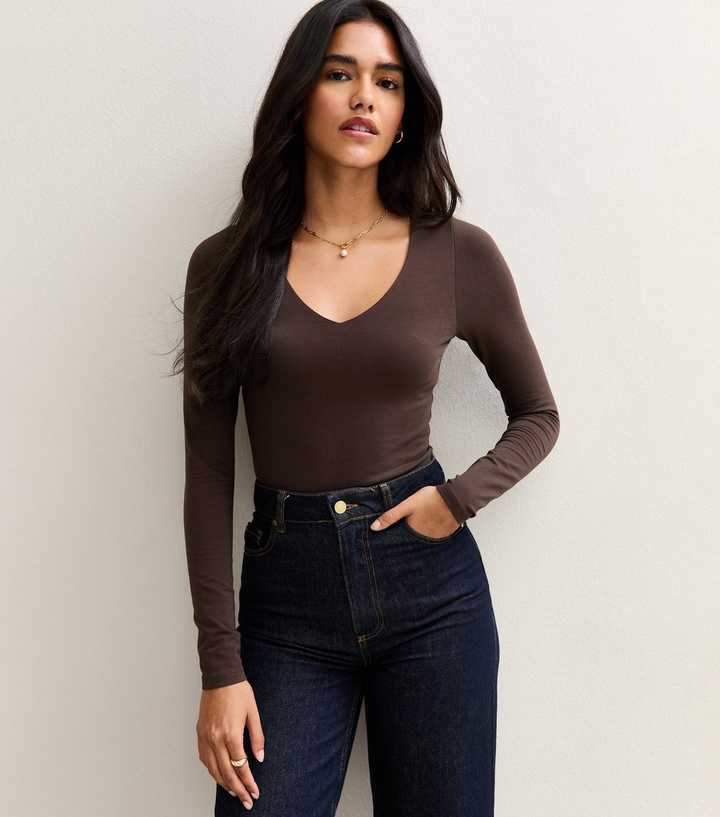 Dark Brown V-Neck Long Sleeve Bodysuit
